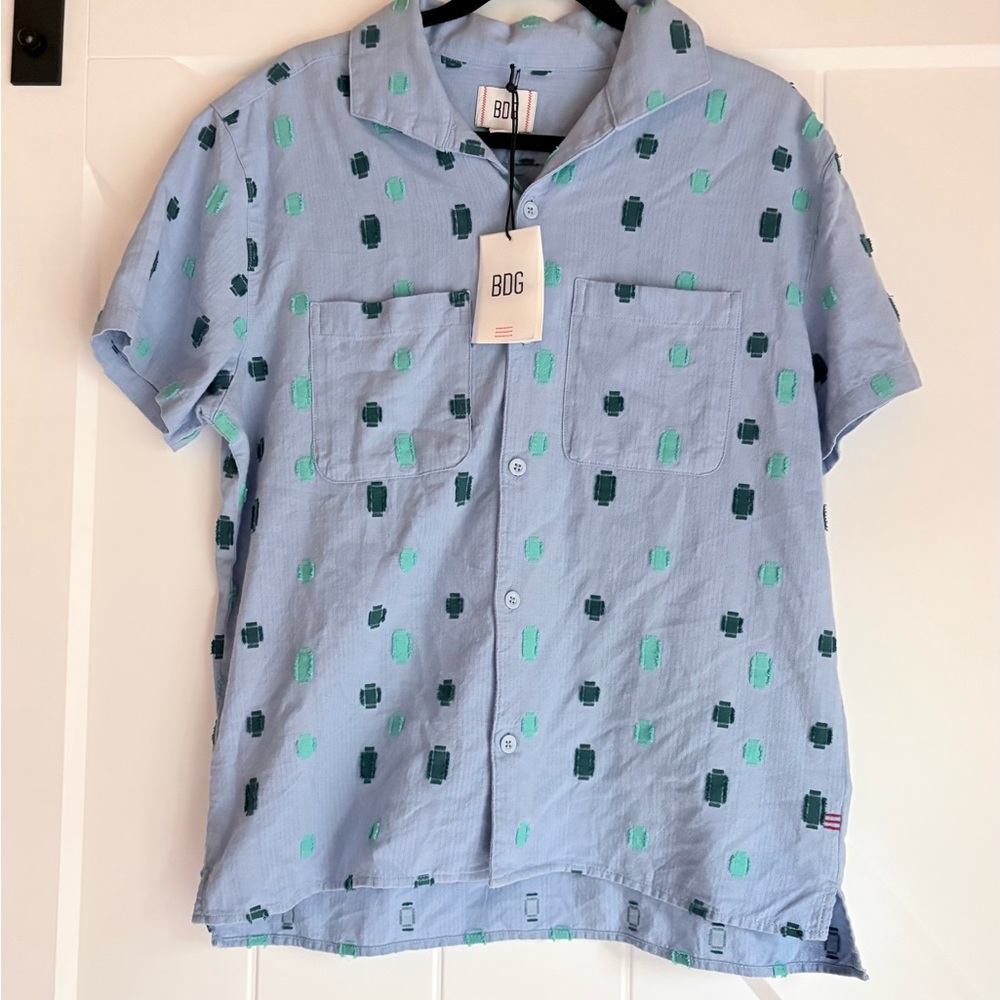 BDG Urban Outfitters Button Down Shirt NWT | Blue Green Print Short Sleeve Boxy